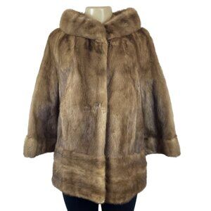 Vintage Thalhimers Women's Brown Fur Coat With 3/4 Sleeves & Hook Closure